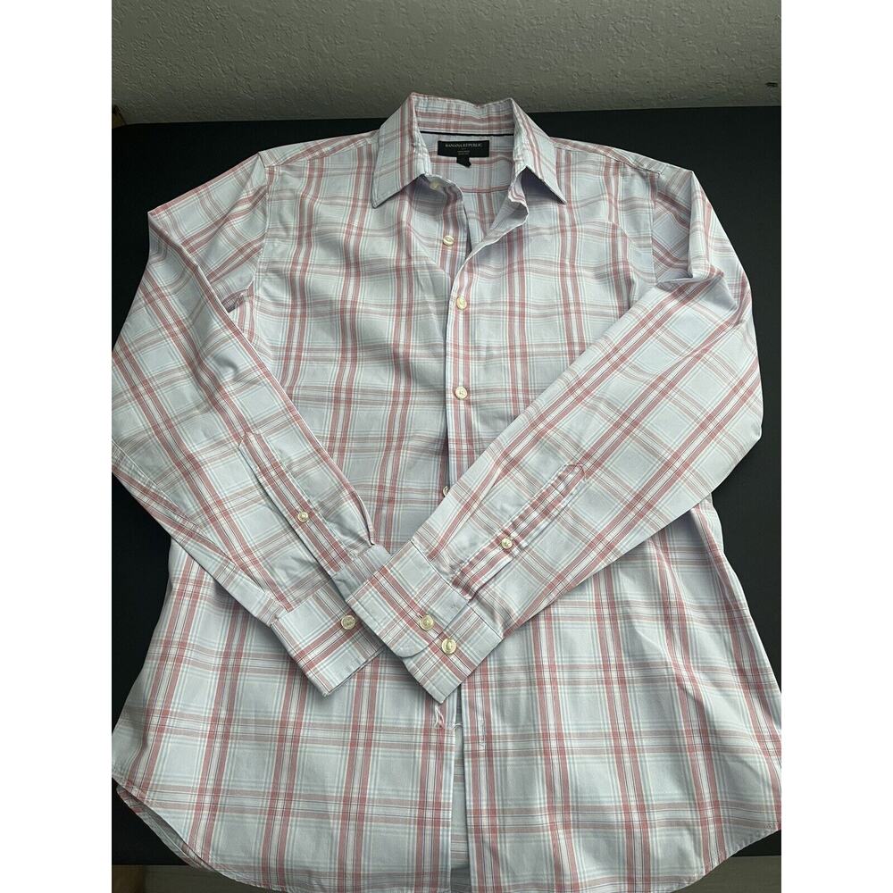 Banana Republic Size M Men Blue & Red Plaid Non Iron Slim Fit Button Down Shirt